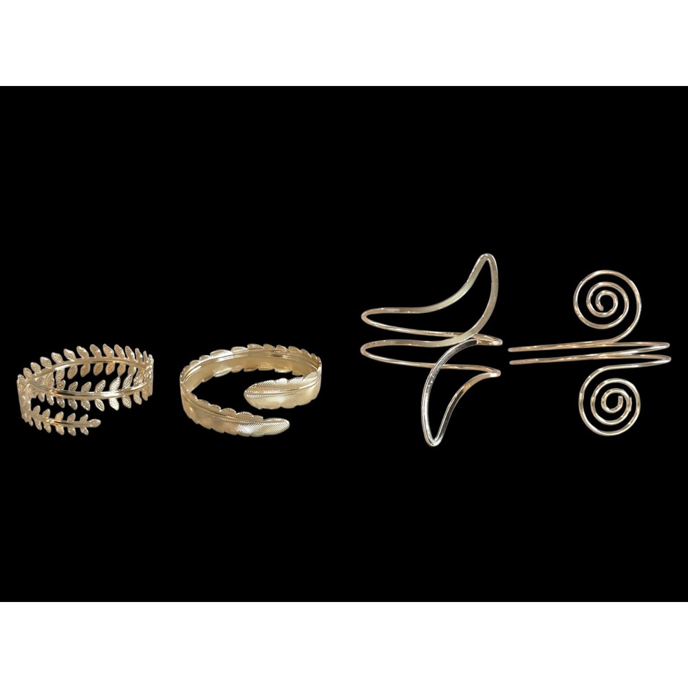 Set‎ of 4 Gold Tone Adjustable Cuff Bracelets Leaf Feather Spiral Wave Designs